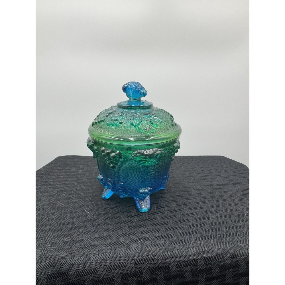 Vintage Grape Pattern Blue Green Candy Dish Victorian Footed Style - Picture 4 of 5